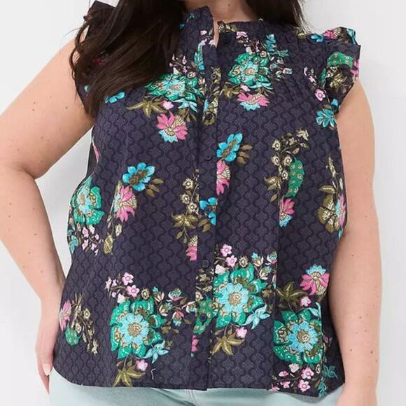 Lane Bryant dark floral print flutter-sleeve ruffle-neck blouse, size 24 - Picture 8 of 8